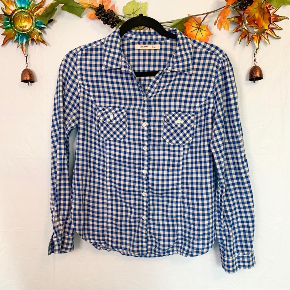 🌲 Old navy checker plaid button down blue white M